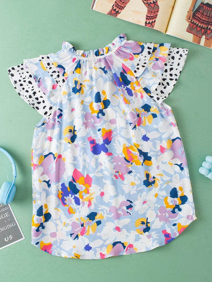 Light Blue Floral Flutter Sleeve V-Neck Blouse with Ruffle Details