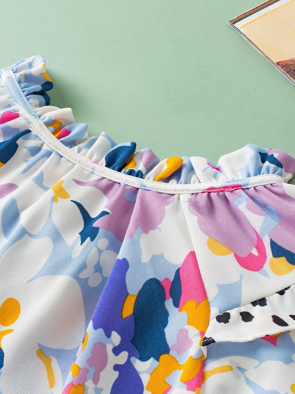 Light Blue Floral Flutter Sleeve V-Neck Blouse with Ruffle Details