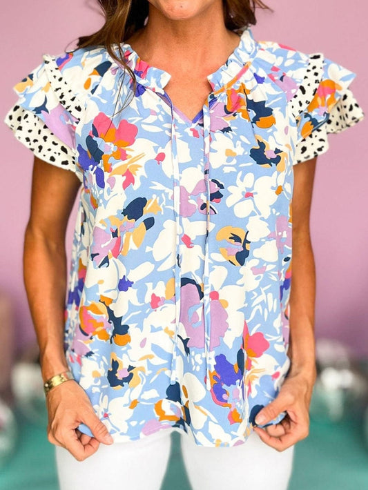 Light Blue Floral Flutter Sleeve V-Neck Blouse with Ruffle Details