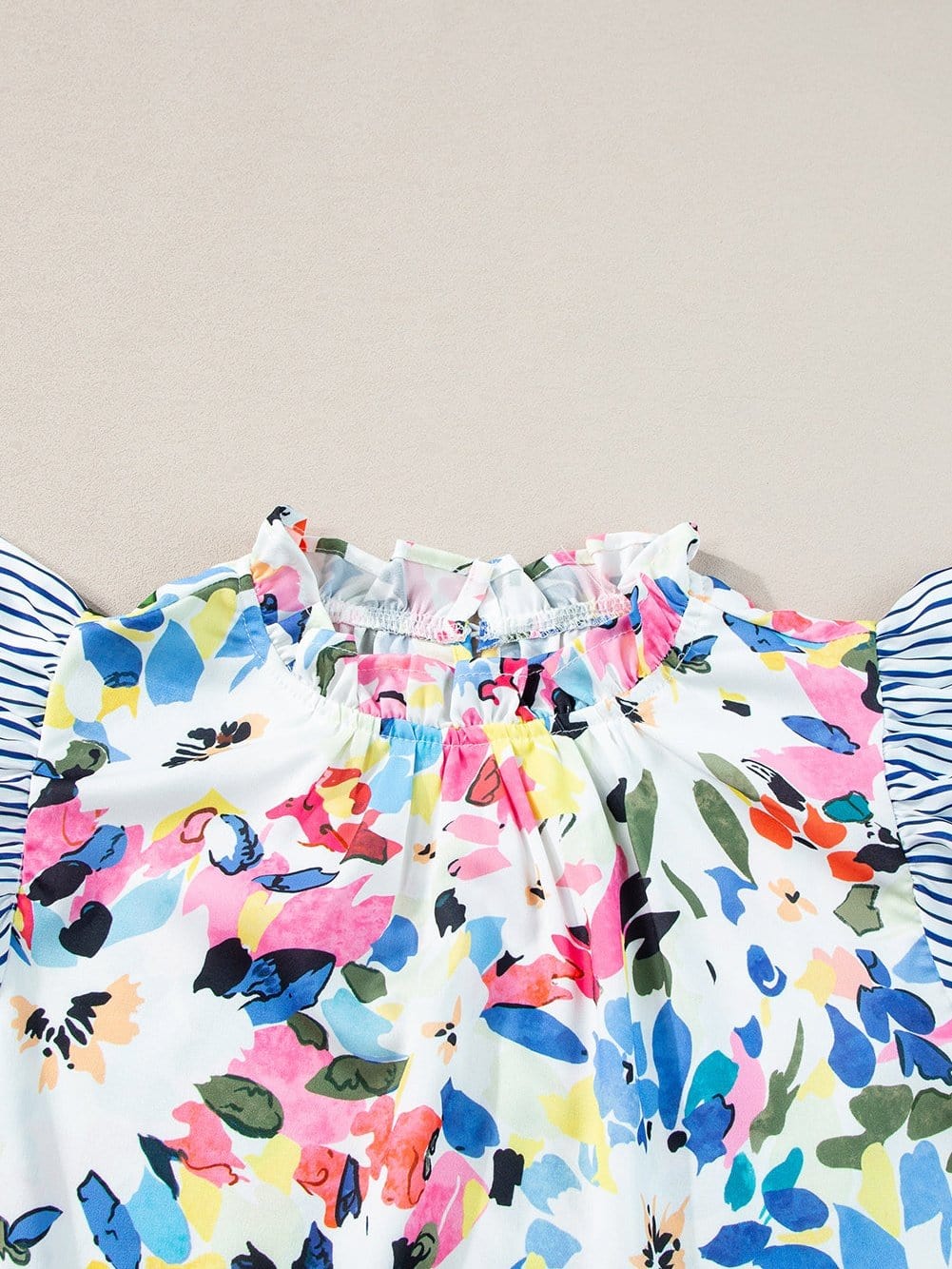 Light Blue Floral Stripe Ruffle Sleeve Top