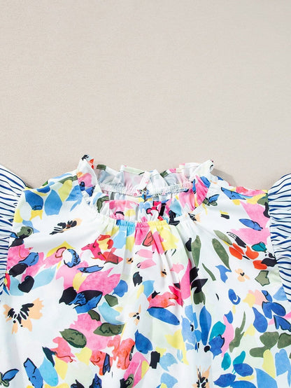 Light Blue Floral Stripe Ruffle Sleeve Top
