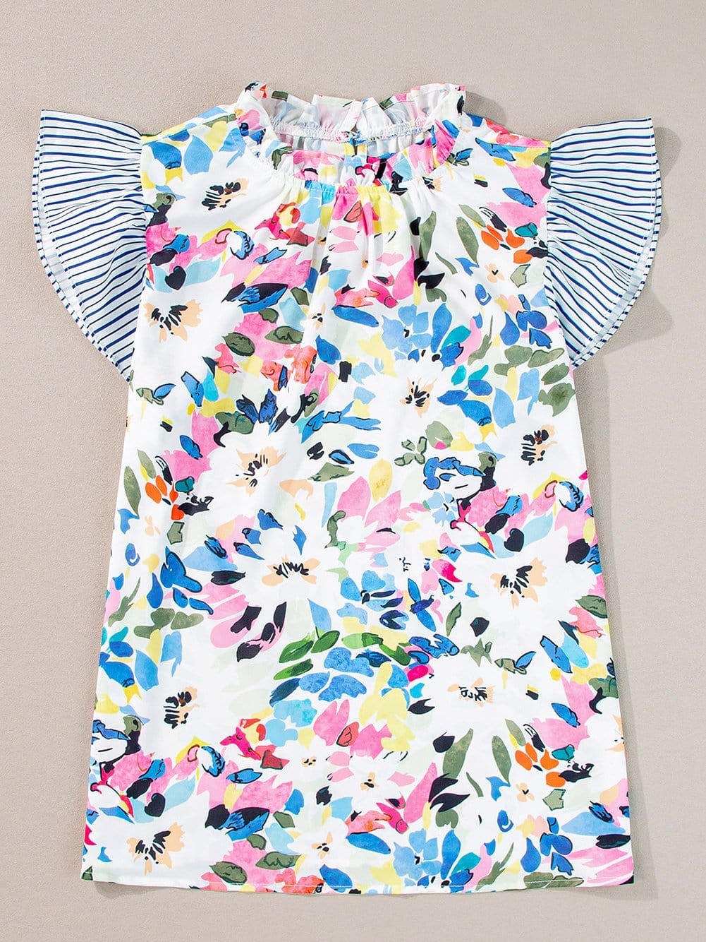 Light Blue Floral Stripe Ruffle Sleeve Top