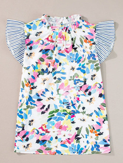 Light Blue Floral Stripe Ruffle Sleeve Top