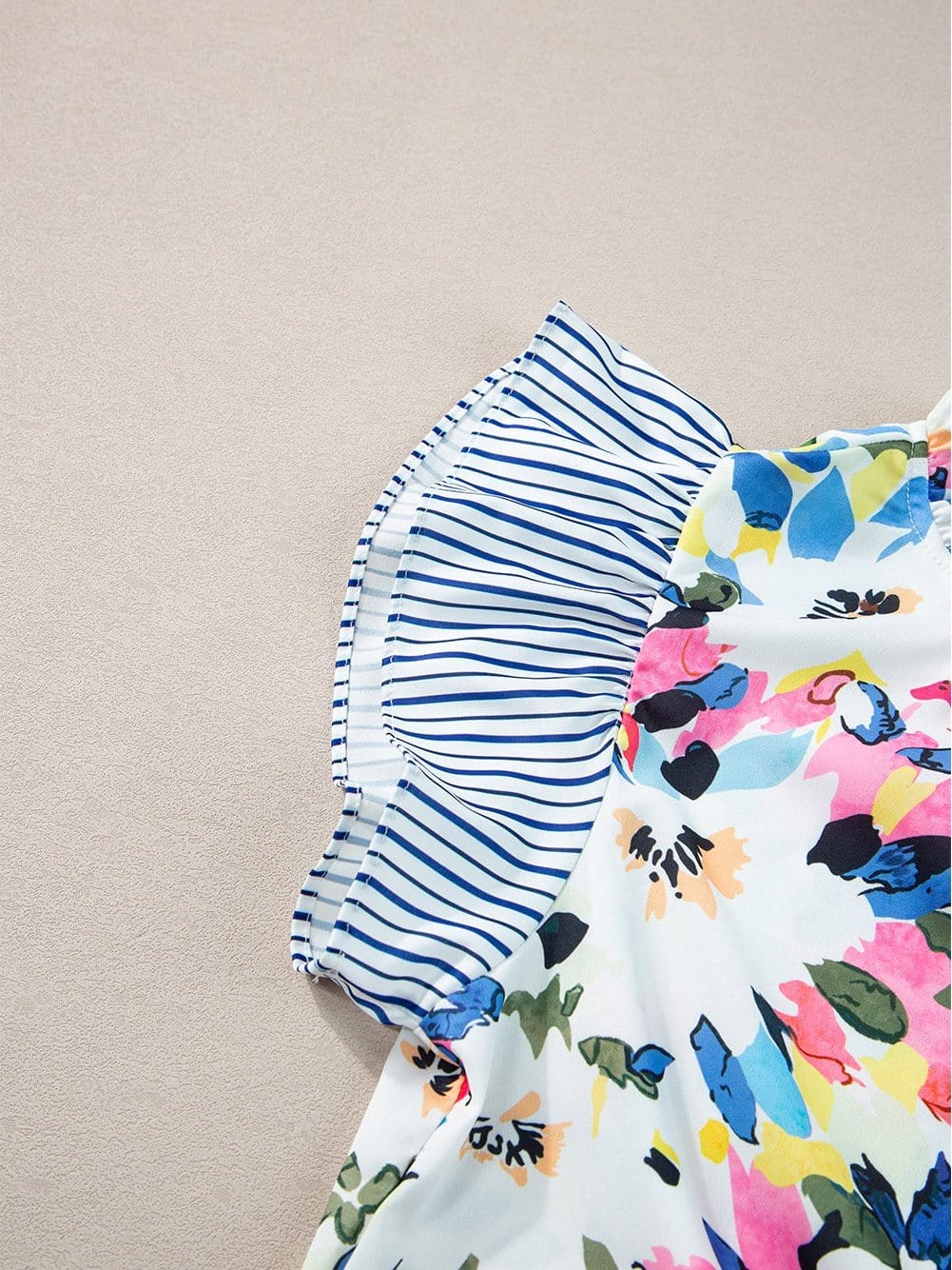 Light Blue Floral Stripe Ruffle Sleeve Top