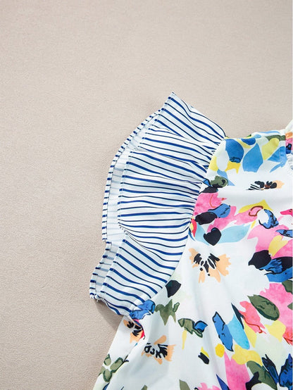 Light Blue Floral Stripe Ruffle Sleeve Top