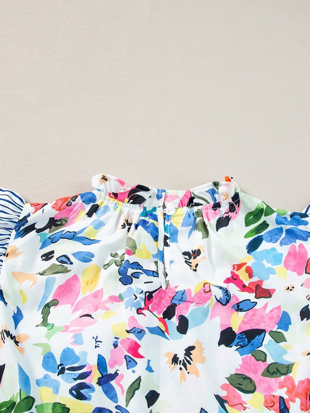 Light Blue Floral Stripe Ruffle Sleeve Top