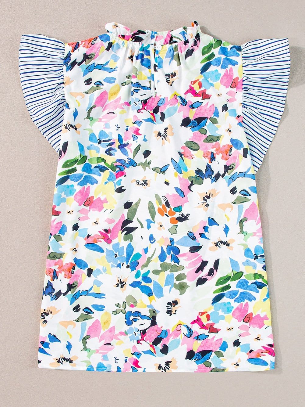 Light Blue Floral Stripe Ruffle Sleeve Top