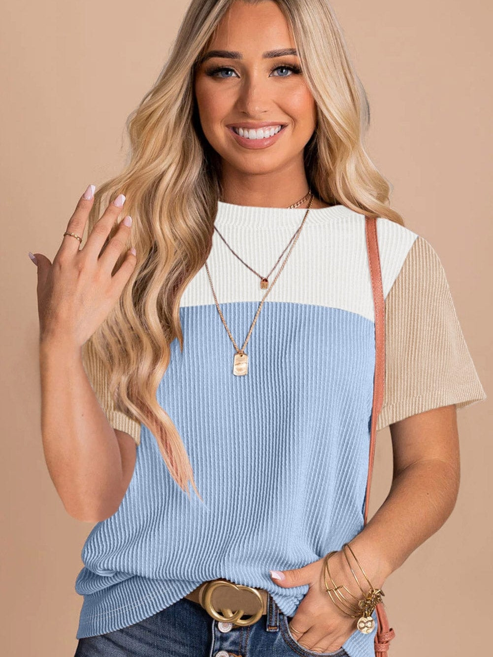 Light Blue Ribbed Colorblock Tee with Chic Design