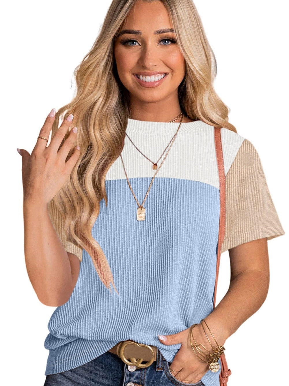 Light Blue Ribbed Colorblock Tee with Chic Design