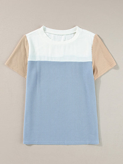 Light Blue Ribbed Colorblock Tee with Chic Design