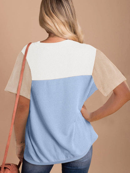 Light Blue Ribbed Colorblock Tee with Chic Design
