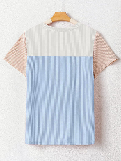 Light Blue Ribbed Colorblock Tee with Chic Design