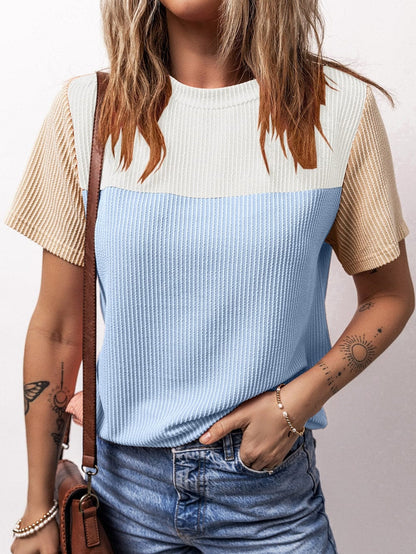 Light Blue Ribbed Colorblock Tee with Chic Design