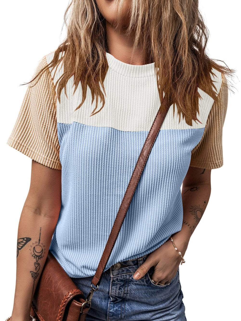 Light Blue Ribbed Colorblock Tee with Chic Design