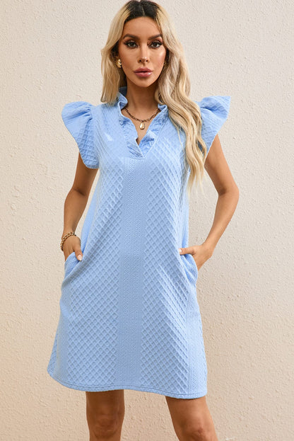 Light Blue Ruffled V-Neck Shift Mini Dress with Puff Sleeves