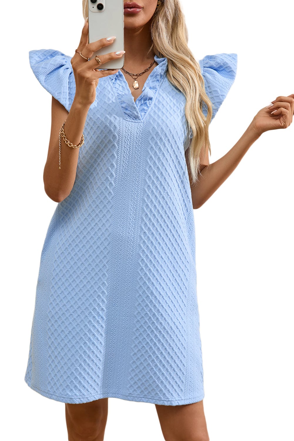 Light Blue Ruffled V-Neck Shift Mini Dress with Puff Sleeves