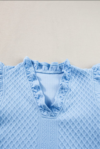 Light Blue Ruffled V-Neck Shift Mini Dress with Puff Sleeves
