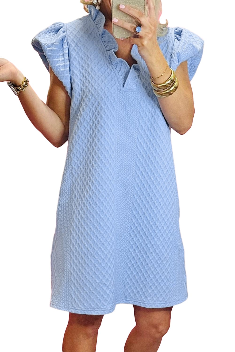 Light Blue Ruffled V-Neck Shift Mini Dress with Puff Sleeves