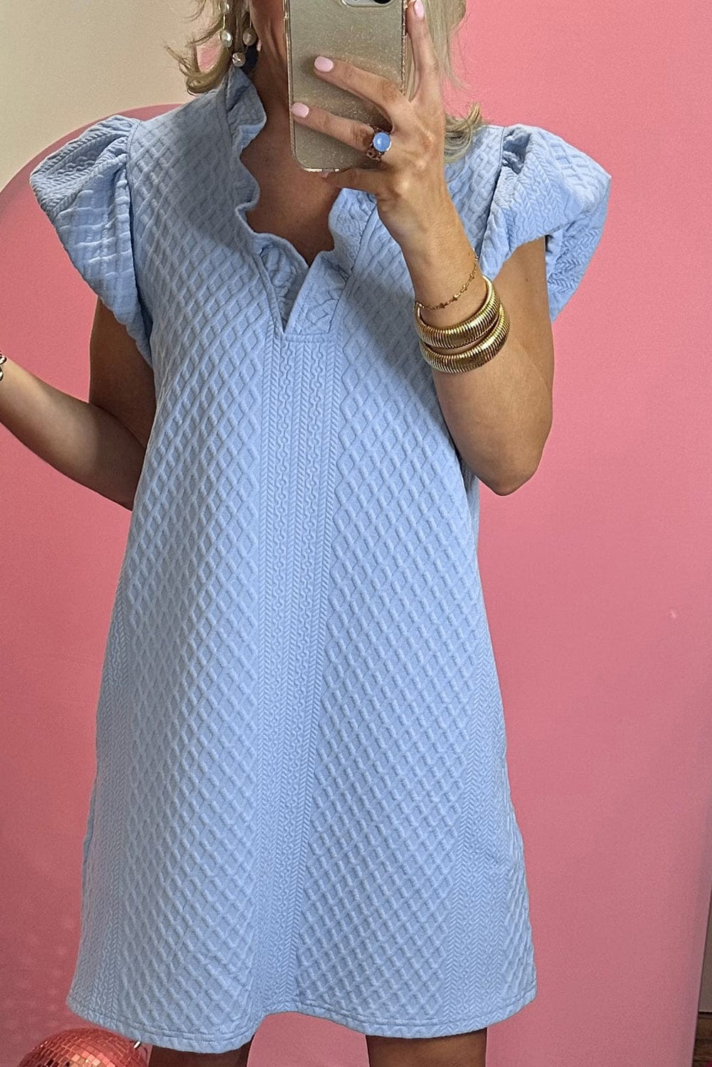 Light Blue Ruffled V-Neck Shift Mini Dress with Puff Sleeves