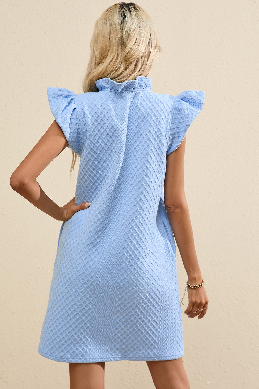 Light Blue Ruffled V-Neck Shift Mini Dress with Puff Sleeves