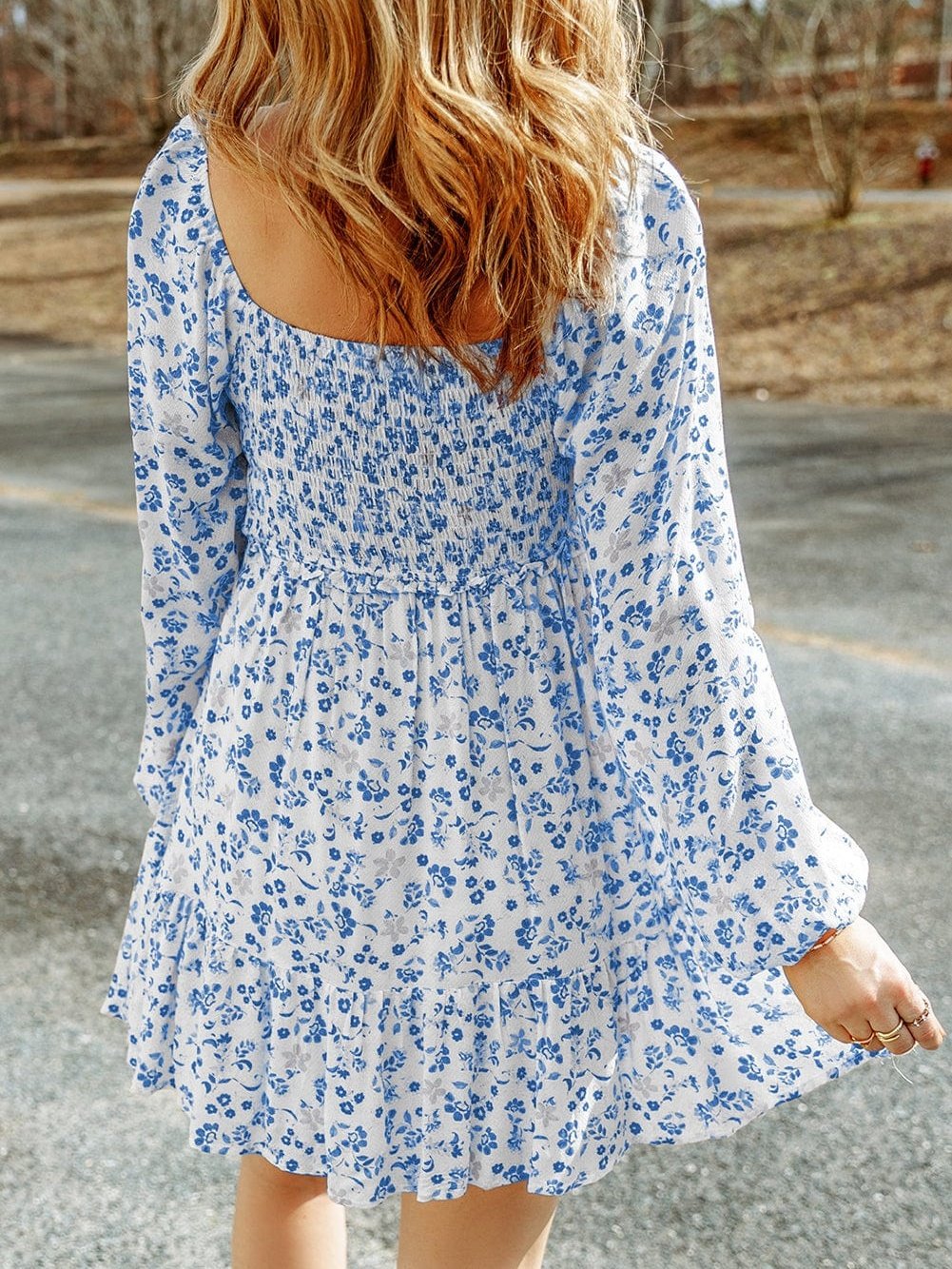 Light Blue Smocked Floral Mini Dress with Puff Sleeves