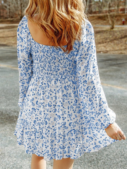 Light Blue Smocked Floral Mini Dress with Puff Sleeves