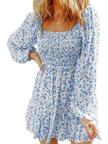 Light Blue Smocked Floral Mini Dress with Puff Sleeves