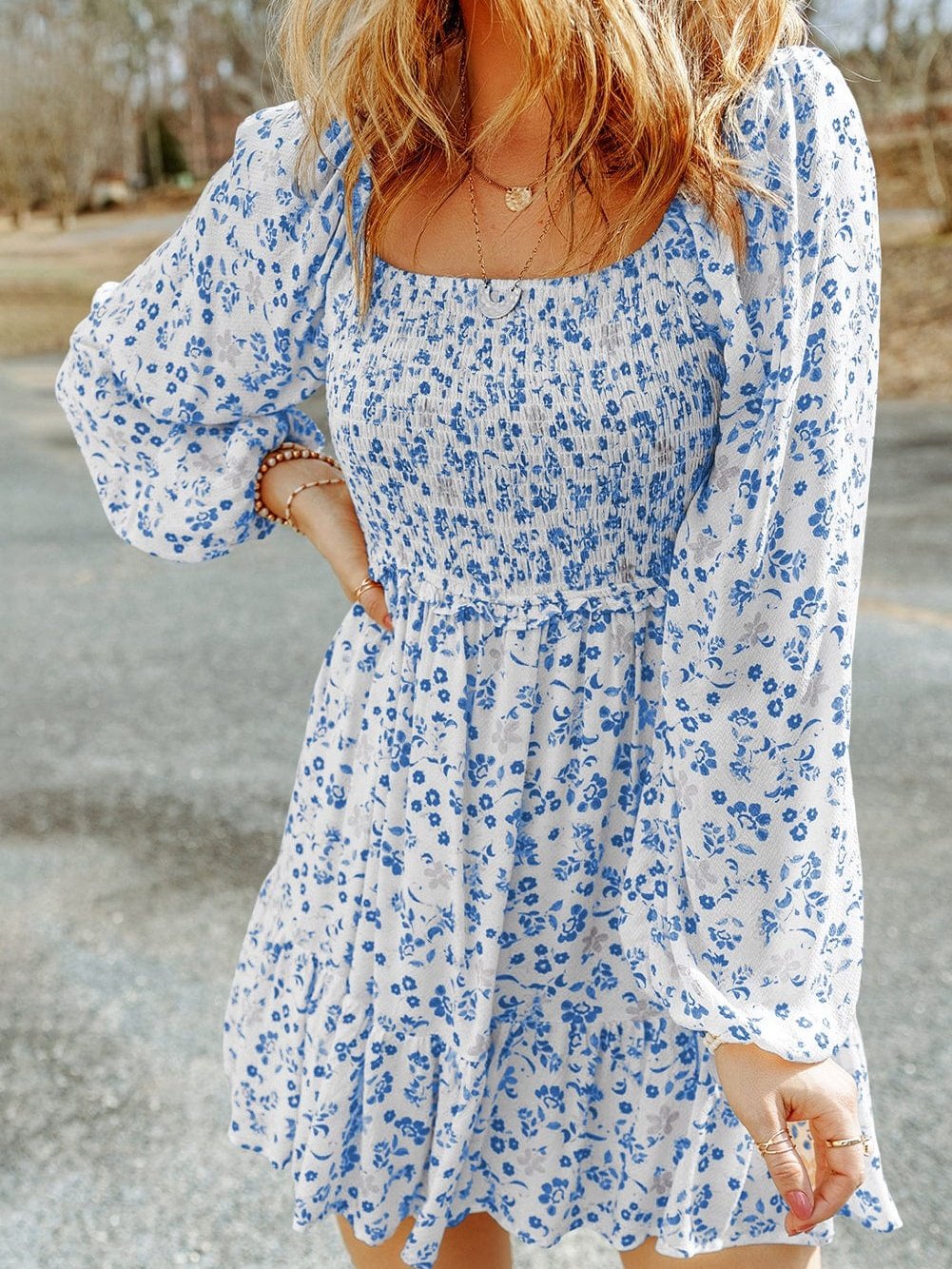 Light Blue Smocked Floral Mini Dress with Puff Sleeves