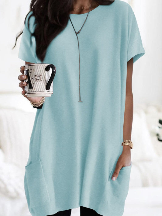 Light Blue Solid Color Tunic Top with Side Pockets