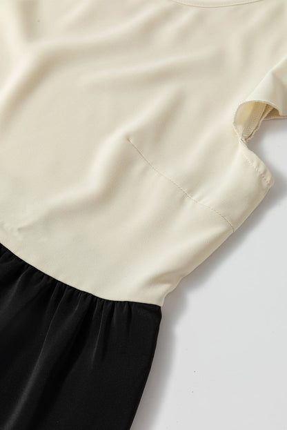 Light French Beige Dalmatian Print Colorblock Ruffle Hem Summer Dress