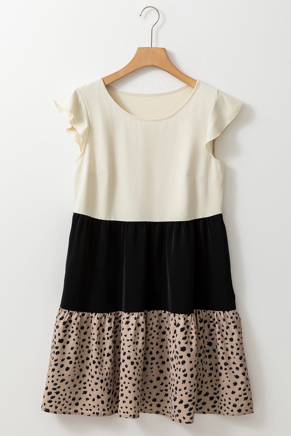 Light French Beige Dalmatian Print Colorblock Ruffle Hem Summer Dress