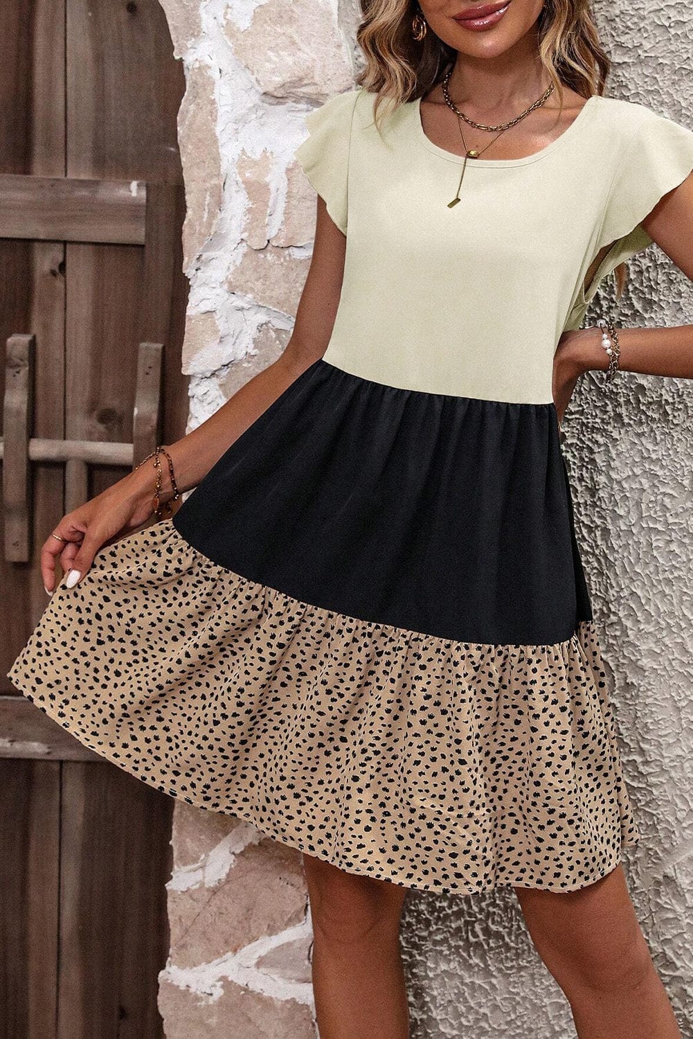 Light French Beige Dalmatian Print Colorblock Ruffle Hem Summer Dress