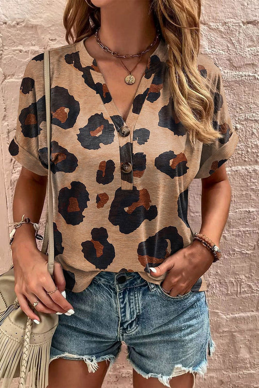 Light French Beige Leopard V-Neck Button-Up Tee with Short Sleeves