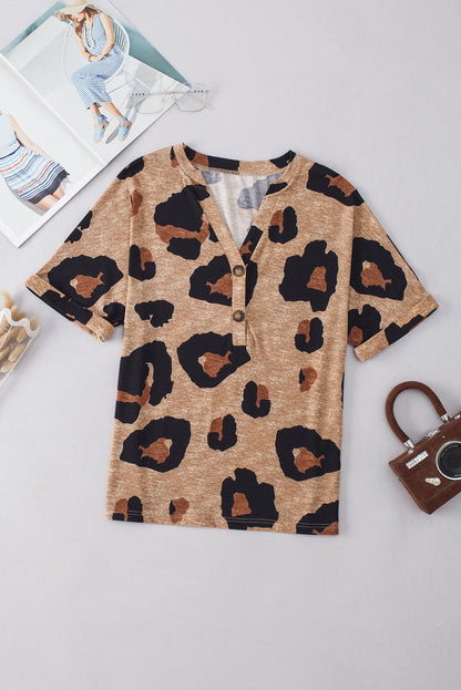Light French Beige Leopard V-Neck Button-Up Tee with Short Sleeves