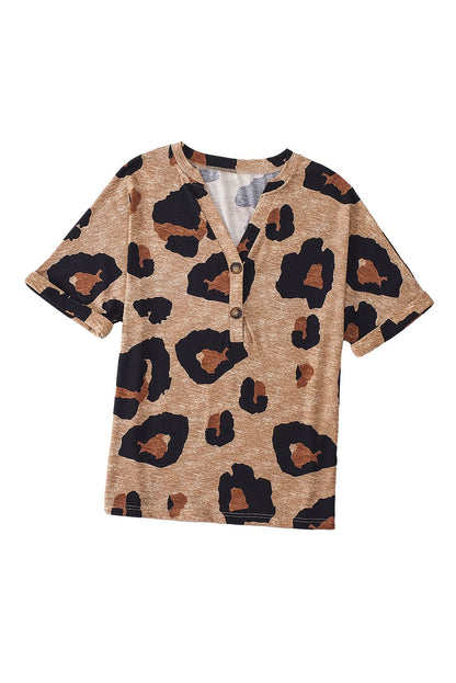 Light French Beige Leopard V-Neck Button-Up Tee with Short Sleeves