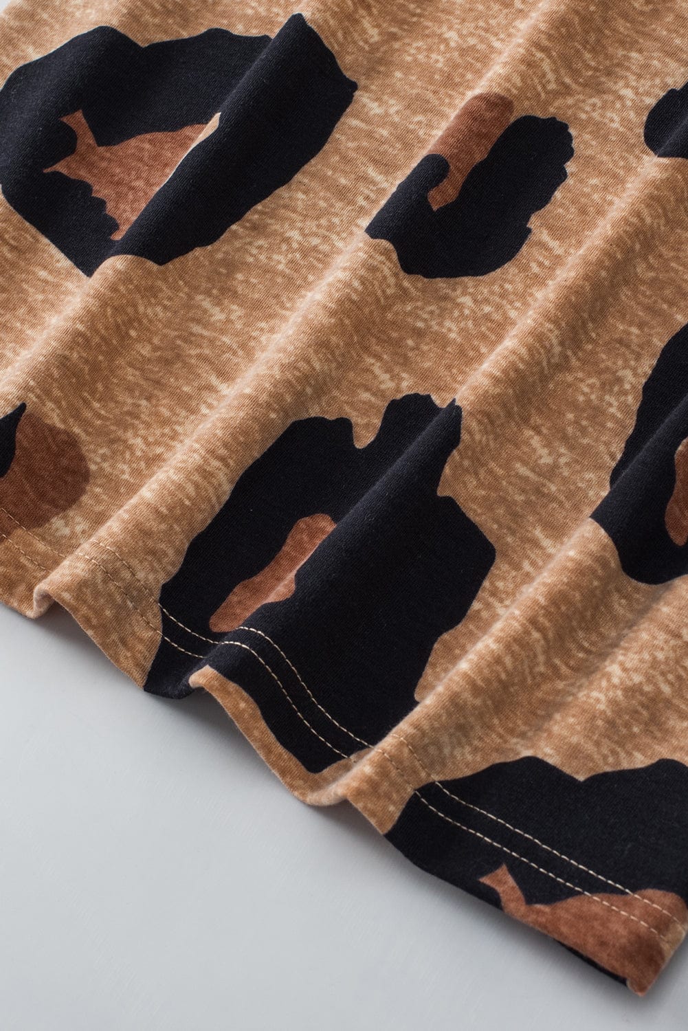 Light French Beige Leopard V-Neck Button-Up Tee with Short Sleeves