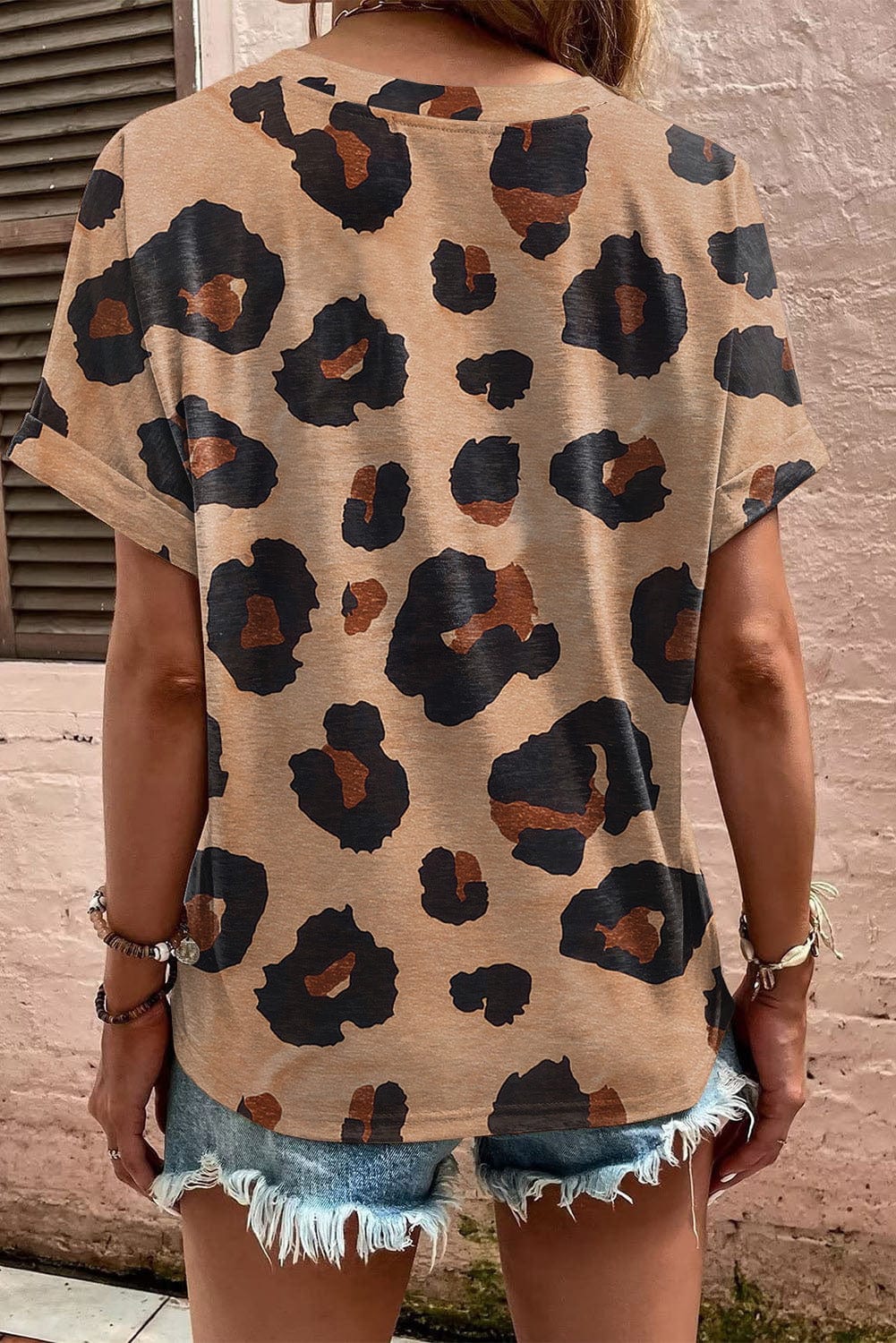 Light French Beige Leopard V-Neck Button-Up Tee with Short Sleeves