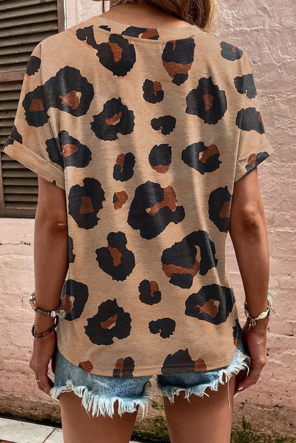 Light French Beige Leopard V-Neck Button-Up Tee with Short Sleeves