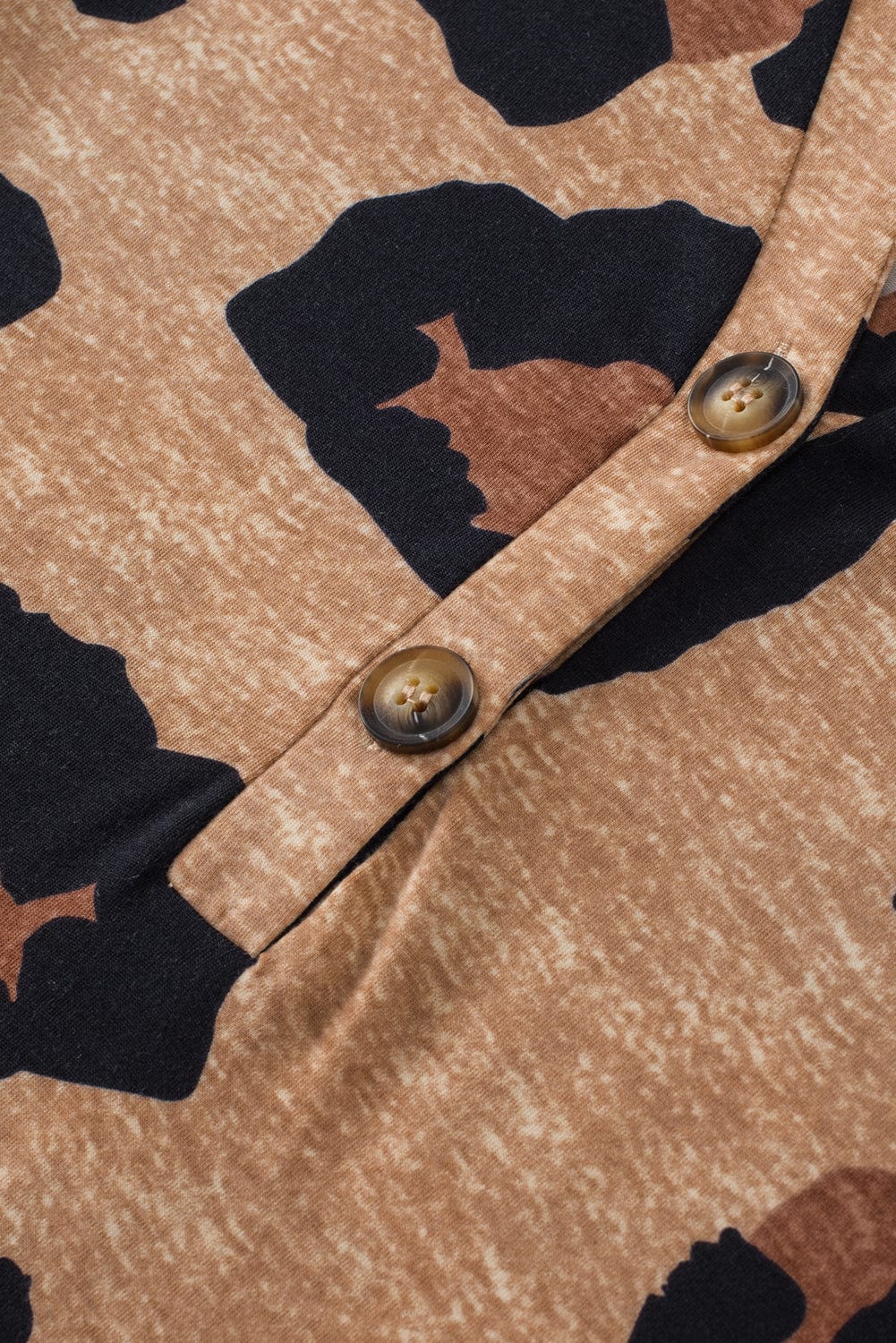 Light French Beige Leopard V-Neck Button-Up Tee with Short Sleeves