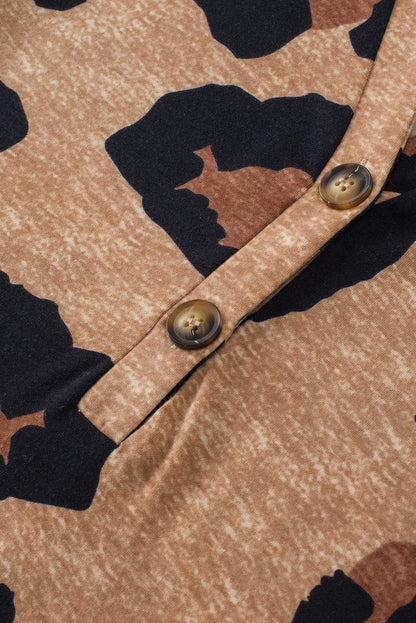 Light French Beige Leopard V-Neck Button-Up Tee with Short Sleeves