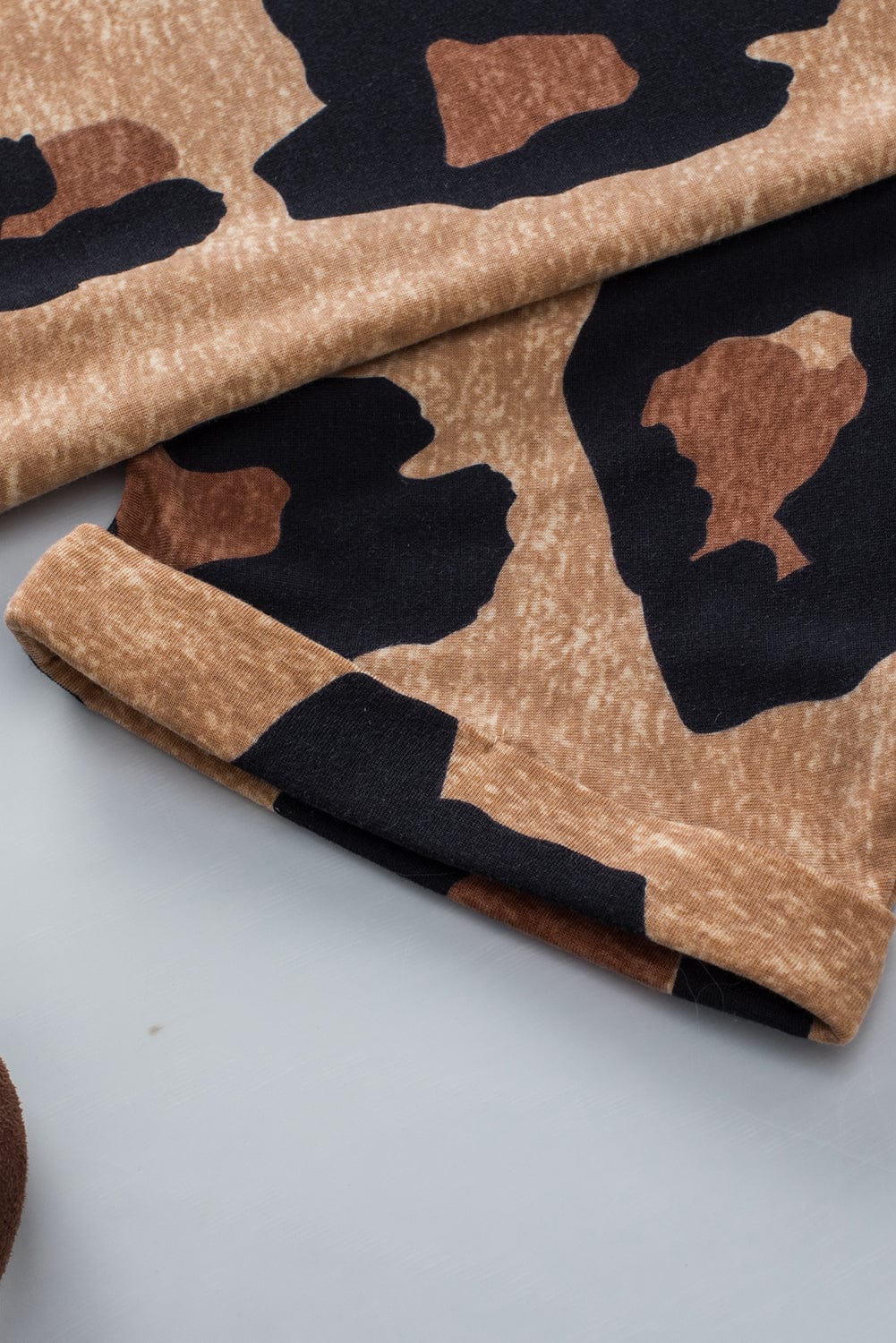 Light French Beige Leopard V-Neck Button-Up Tee with Short Sleeves