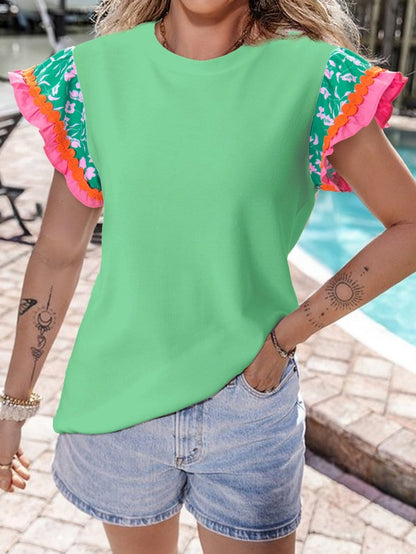 Light Green Floral Patchwork Ruffle Sleeve Top