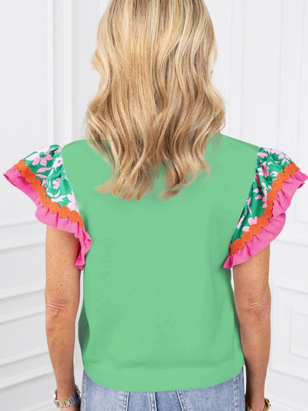 Light Green Floral Patchwork Ruffle Sleeve Top