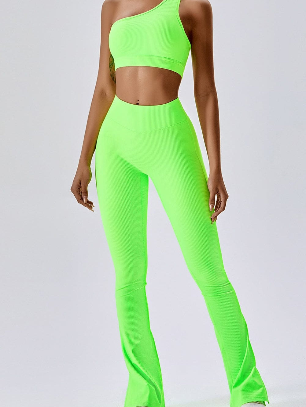 Light Green One Shoulder Split Bottom 2pcs Active Set