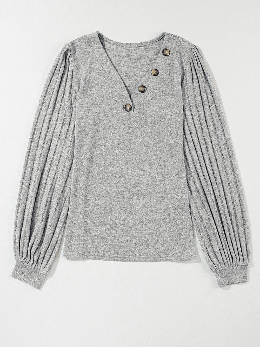 Light Grey Ribbed V Neck Blouse with Puff Sleeves and Button Detail