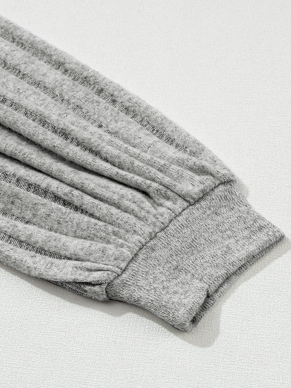 Light Grey Ribbed V Neck Blouse with Puff Sleeves and Button Detail