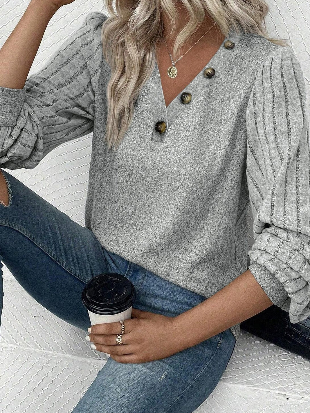 Light Grey Ribbed V Neck Blouse with Puff Sleeves and Button Detail