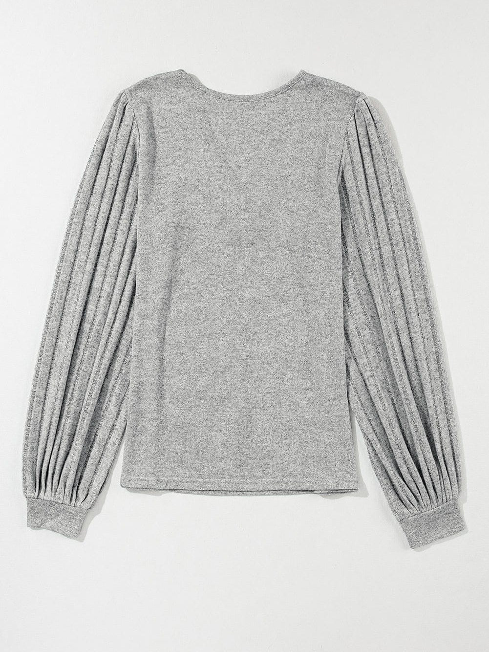 Light Grey Ribbed V Neck Blouse with Puff Sleeves and Button Detail