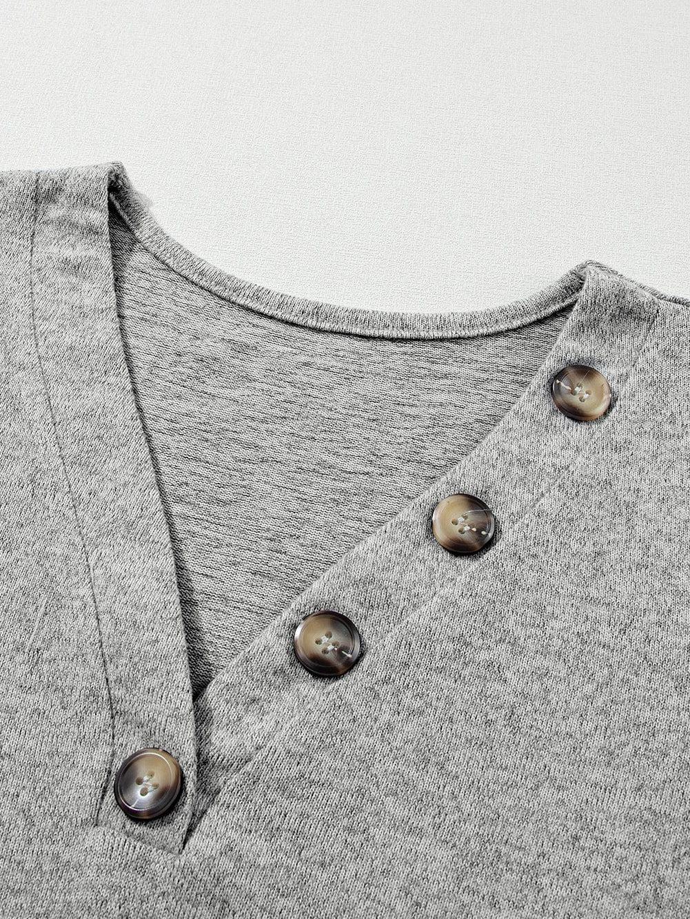 Light Grey Ribbed V Neck Blouse with Puff Sleeves and Button Detail