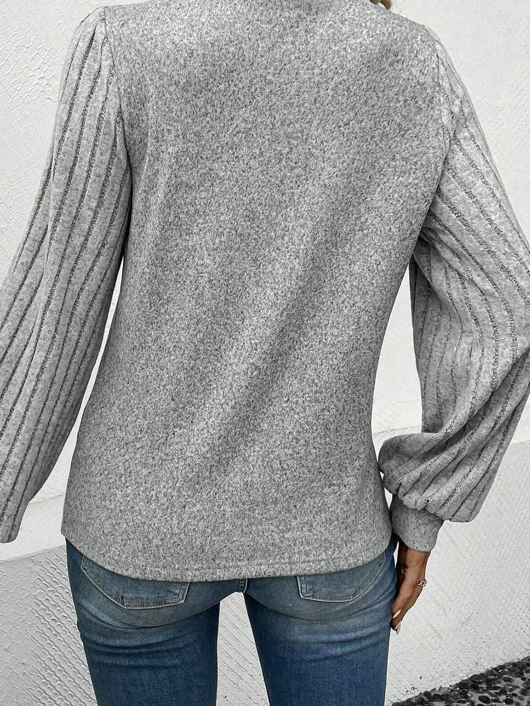 Light Grey Ribbed V Neck Blouse with Puff Sleeves and Button Detail